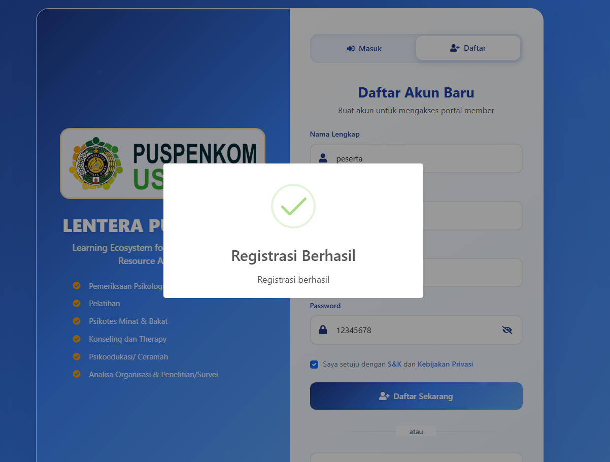 Screenshot Berhasil Registrasi